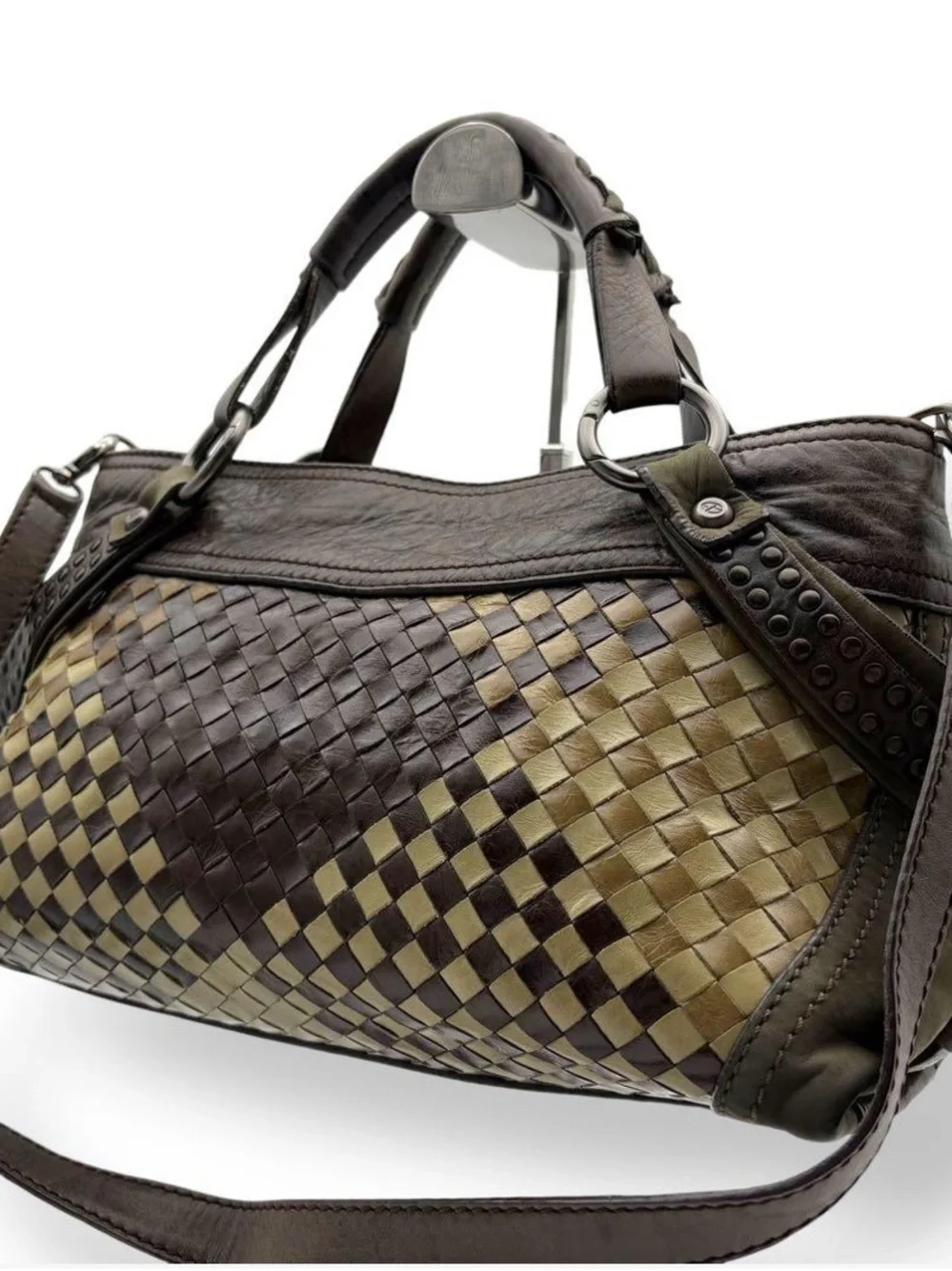 Francesco Biasia Rare Woven Italian Leather 2 way Bag in Brown and Cream